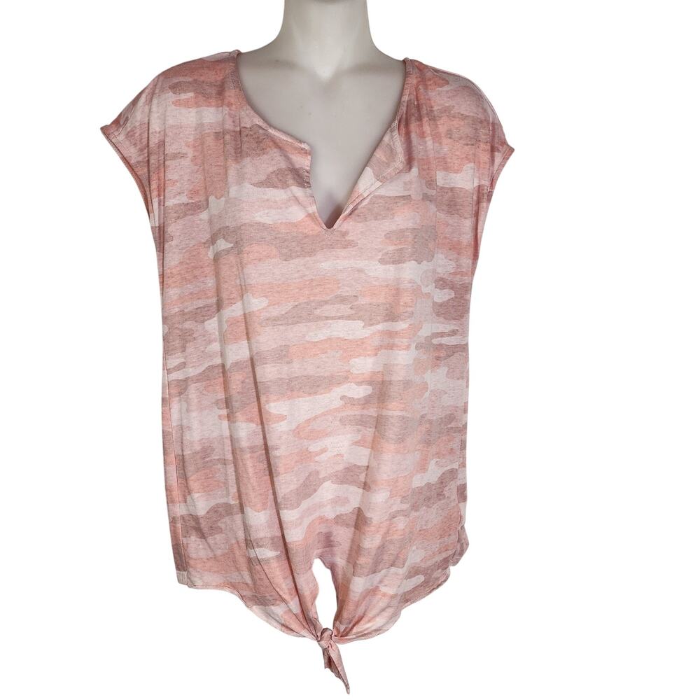 Lucky Brand Women Tee Medium Camo Tie Front Pink Jersey Knit V Neck Short Sleeve